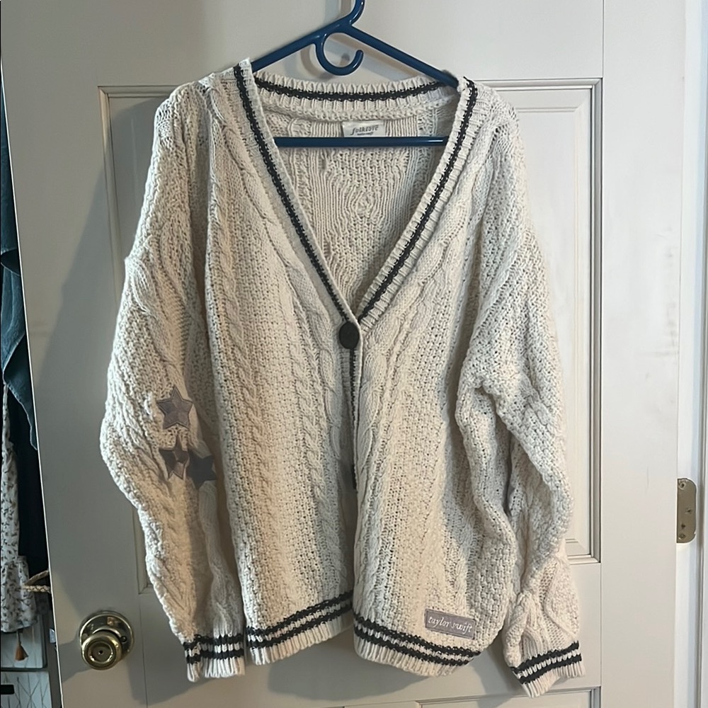 White Cable Knit Cardigan Sweater with Navy Trim